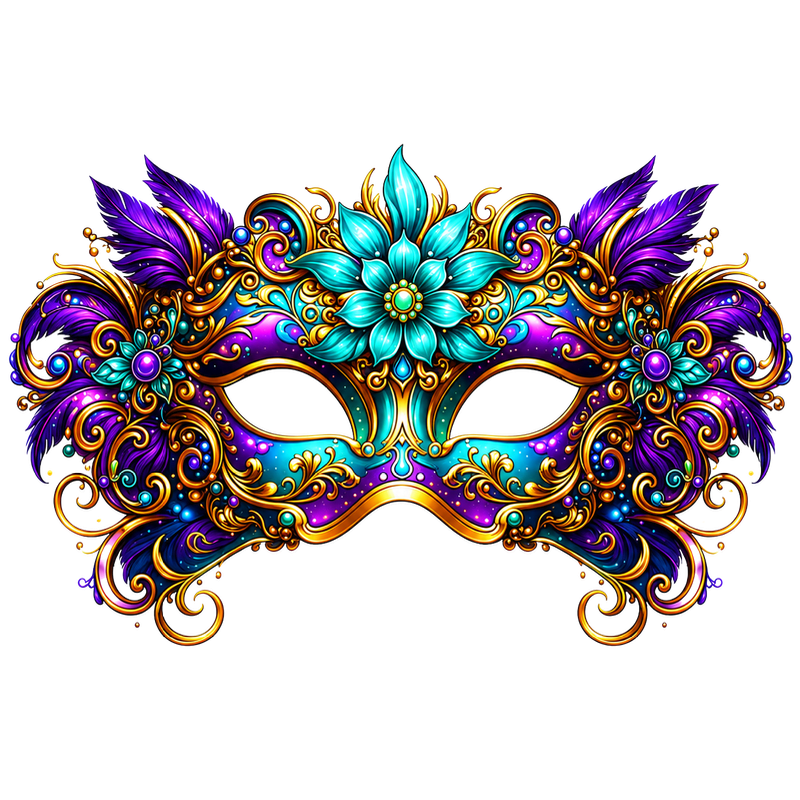 A highly ornate, jeweled masquerade mask with purple feathers and a turquoise flower sits against a plain white background.