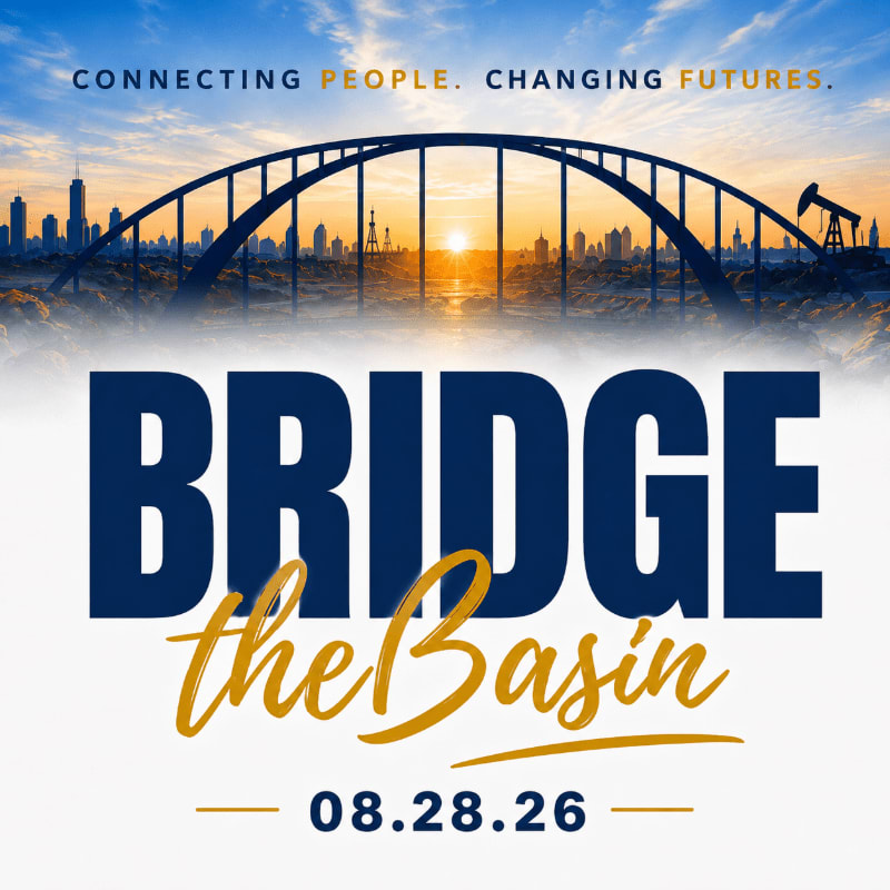 A silhouetted bridge spans a body of water with a city skyline in the background, while large text in the foreground reads "BRIDGE the Basin" with a date below.