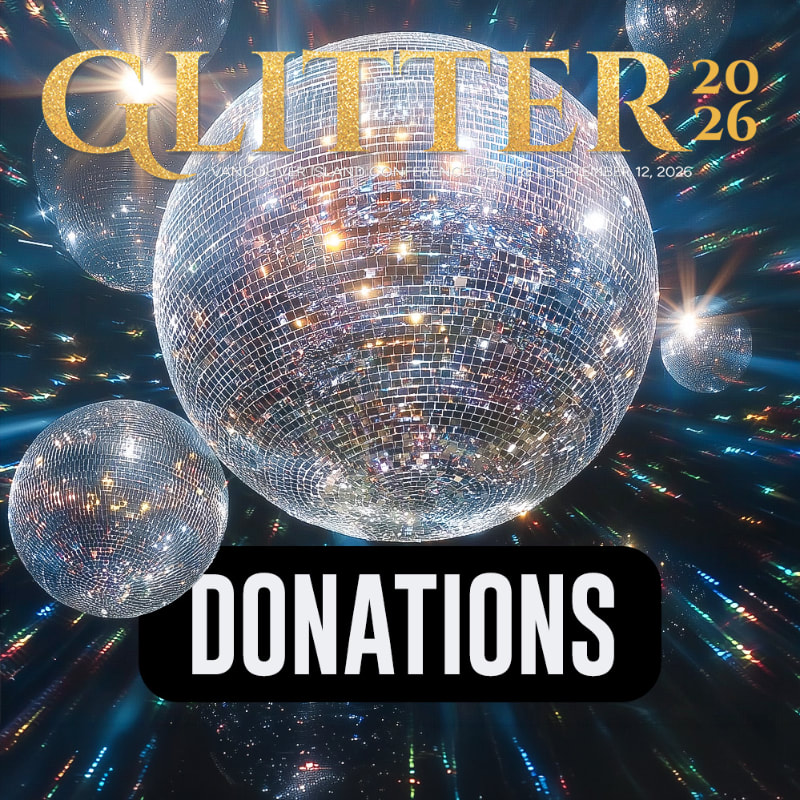 Sparkling disco balls fill the background, with a prominent one in the foreground, overlaid with the text "DONATIONS" and "GLITTER 2026".
