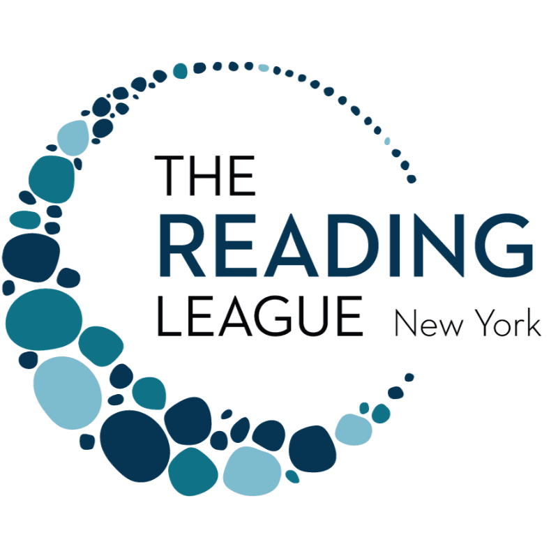 A circular arrangement of blue and teal dots frames the text "THE READING LEAGUE New York" on a white background.