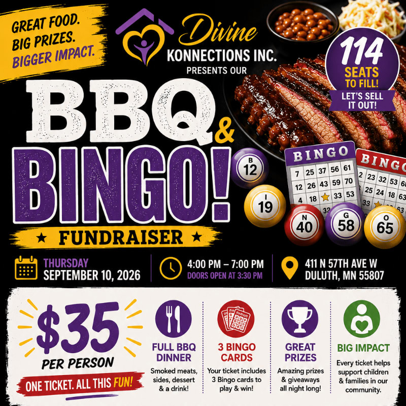 A BBQ and Bingo fundraiser poster features a close-up of smoked ribs in the background and bingo balls and cards in the foreground.