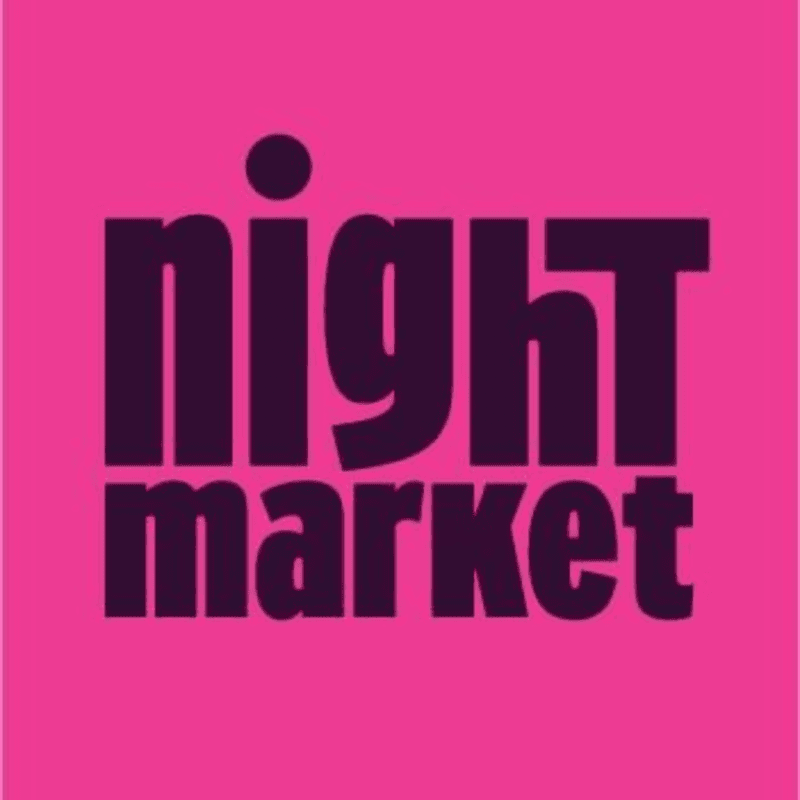 Dark purple text spelling "night market" is centered on a bright pink background.