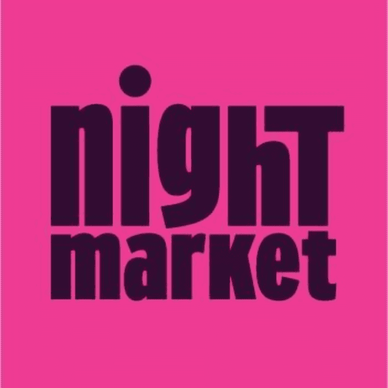 Dark purple text spelling "night market" is centered on a bright pink background.