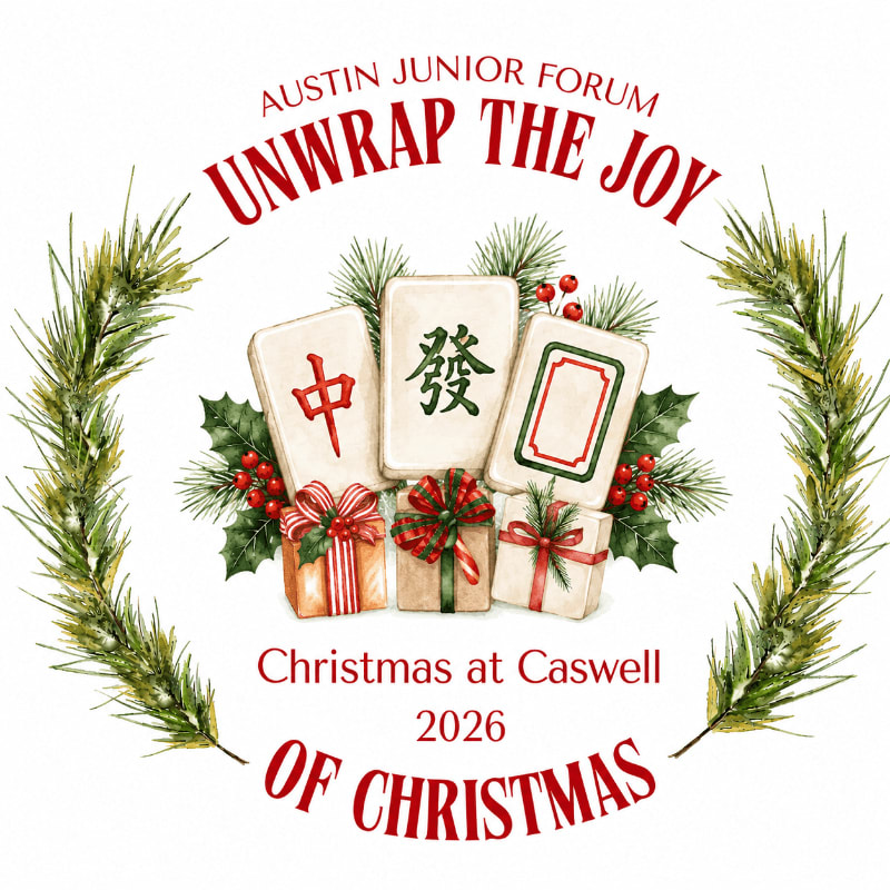 Three mahjong tiles and wrapped gifts sit in the foreground, framed by a wreath of pine branches and holly, with text announcing "Austin Junior Forum Unwrap the Joy of Christmas" and "Christmas at Caswell 2026" in the background.