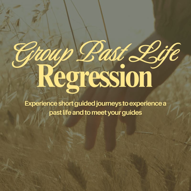 A hand gently brushes through tall, dry grass in the foreground, with the words "Group Past Life Regression" and descriptive text overlaid on the soft-focus background.
