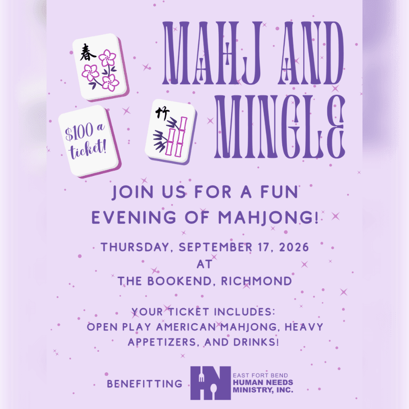 Purple confetti and mahjong tiles adorn the top of an invitation for a "Mahj and Mingle" event on Thursday, September 17, 2026, at The Bookend, Richmond, benefiting East Fort Bend Human Needs Ministry, Inc.