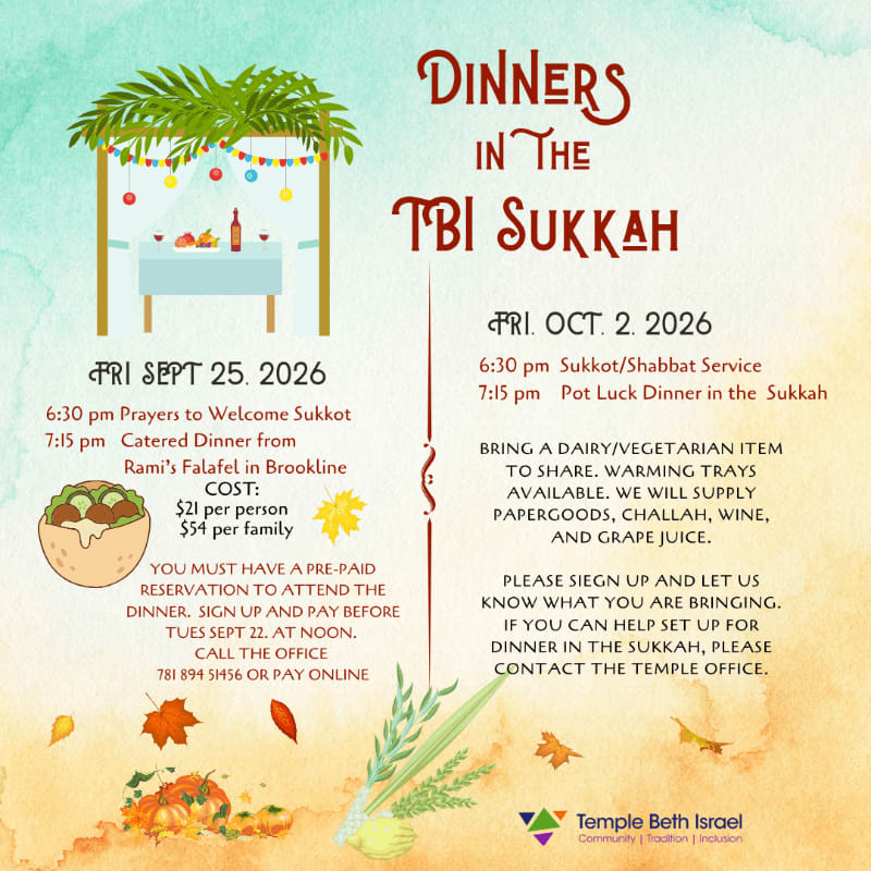 A colorful flyer advertises two Sukkot dinners with details about dates, times, costs, and what to bring, set against a watercolor background with autumnal leaves and a sukkah illustration in the foreground.