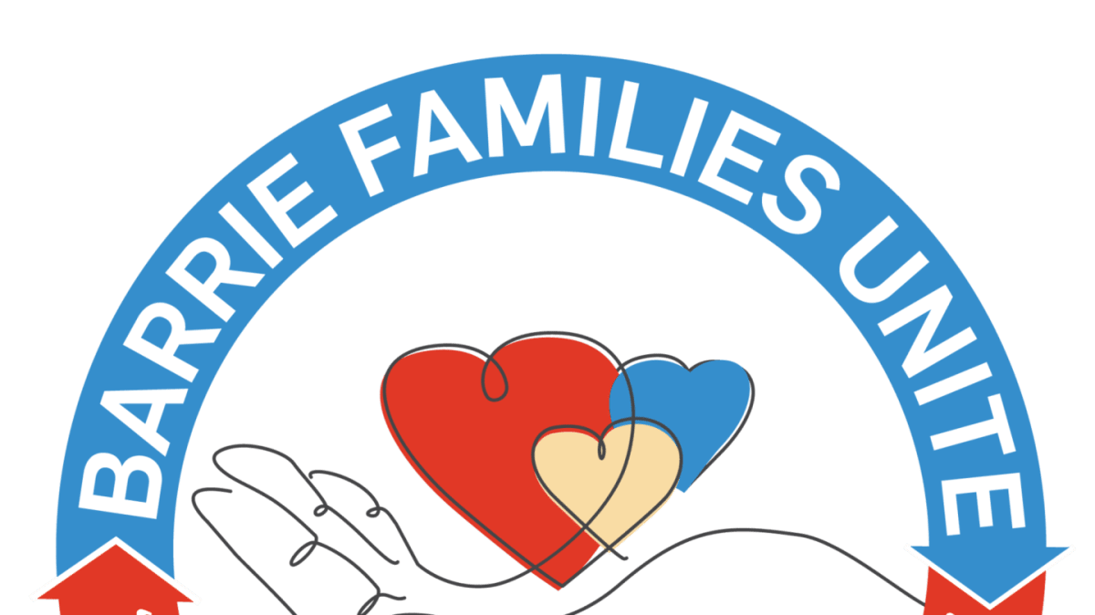 A white background frames a logo with a blue arc containing the text "BARRIE FAMILIES UNITE" above a line drawing of a hand holding two hearts, one red and one blue and yellow, with small red houses on either side.