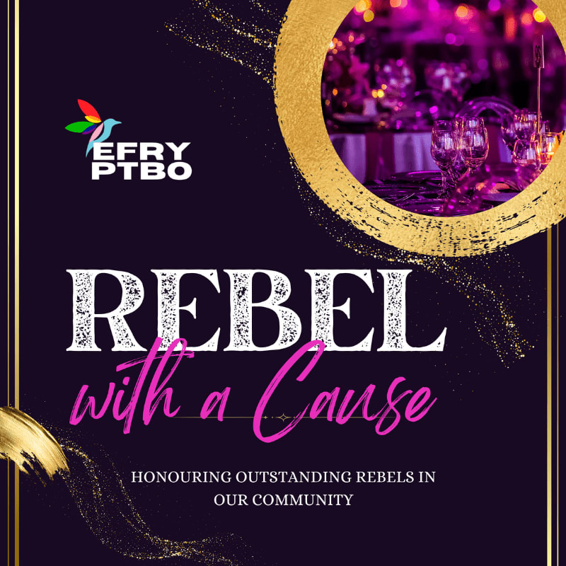 A dark purple background with gold accents frames the text "REBEL with a Cause" in the foreground, while a blurred image of a formal dining setting with purple lighting is visible in the background.