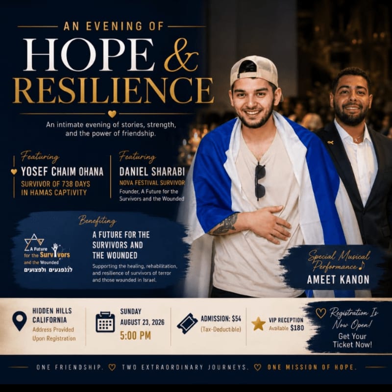 Two smiling men, one draped in an Israeli flag, are featured in the foreground of a poster advertising an "Evening of Hope & Resilience" with event details in the background.