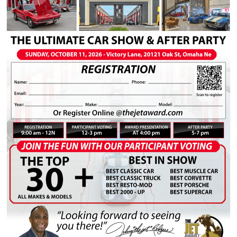 A red Corvette is in the foreground, while the background features a registration form for "The Ultimate Car Show & After Party."