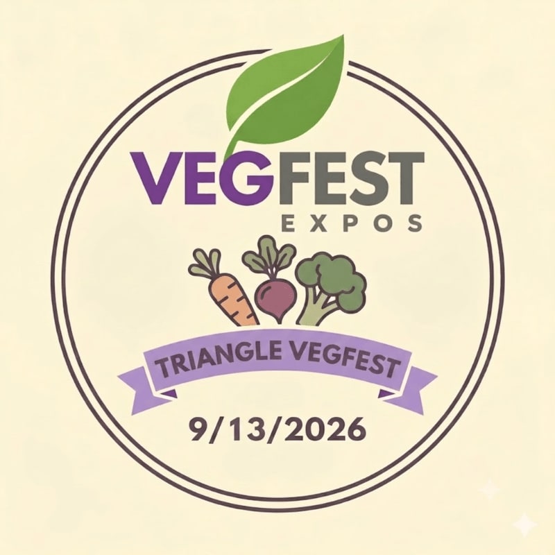 A circular logo with a green leaf at the top, the words "VEGFEST EXPOS" and cartoon vegetables in the center, and "TRIANGLE VEGFEST 9/13/2026" below, all set against a light beige background.