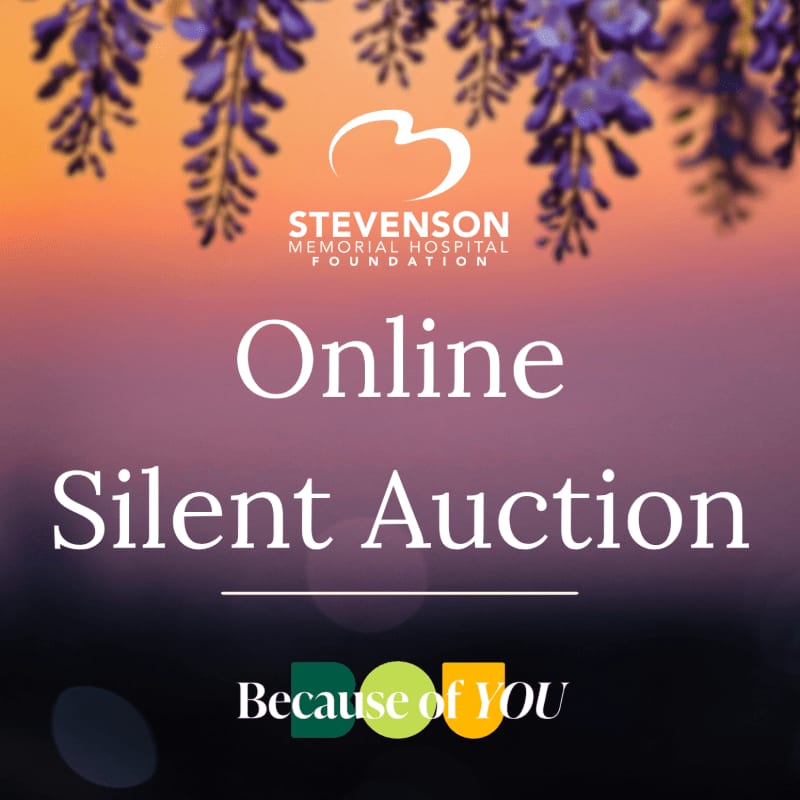 Purple wisteria flowers hang in the foreground above the words "Online Silent Auction" and the Stevenson Memorial Hospital Foundation logo, set against a gradient background of orange and purple.