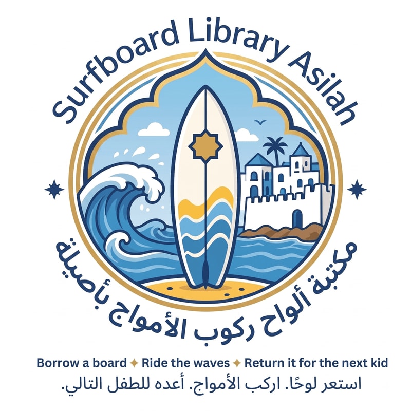 A surfboard stands on a beach with waves crashing to its left and a coastal town in the background, all within a circular emblem.