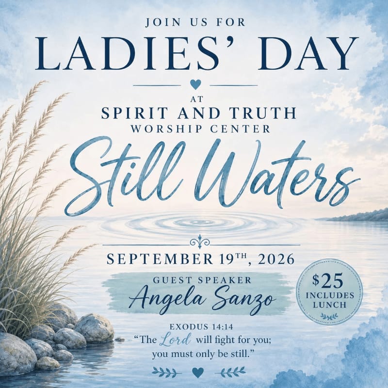 A serene lake with rocks in the foreground and a cloudy sky in the background advertises a "Ladies' Day" event with a guest speaker and lunch included.