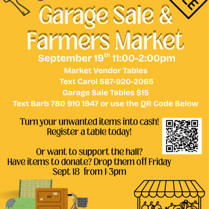 A bright yellow flyer advertises a garage sale and farmers market with details about dates, times, and registration, while the foreground features illustrations of furniture and a market stall.