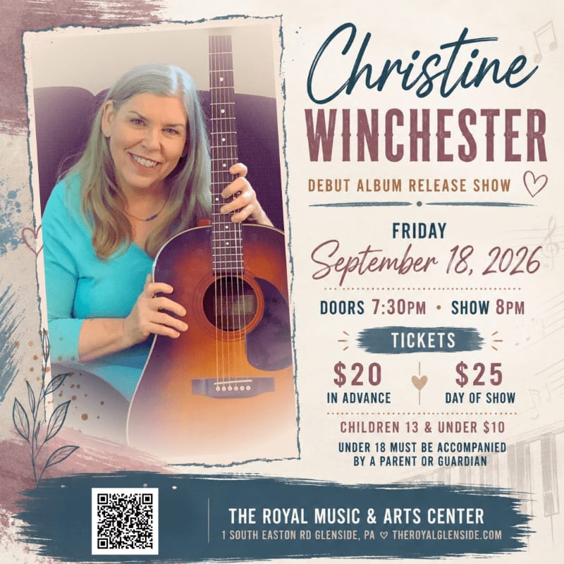 A smiling woman holding a guitar is featured in the foreground, with event details for Christine Winchester's debut album release show in the background.