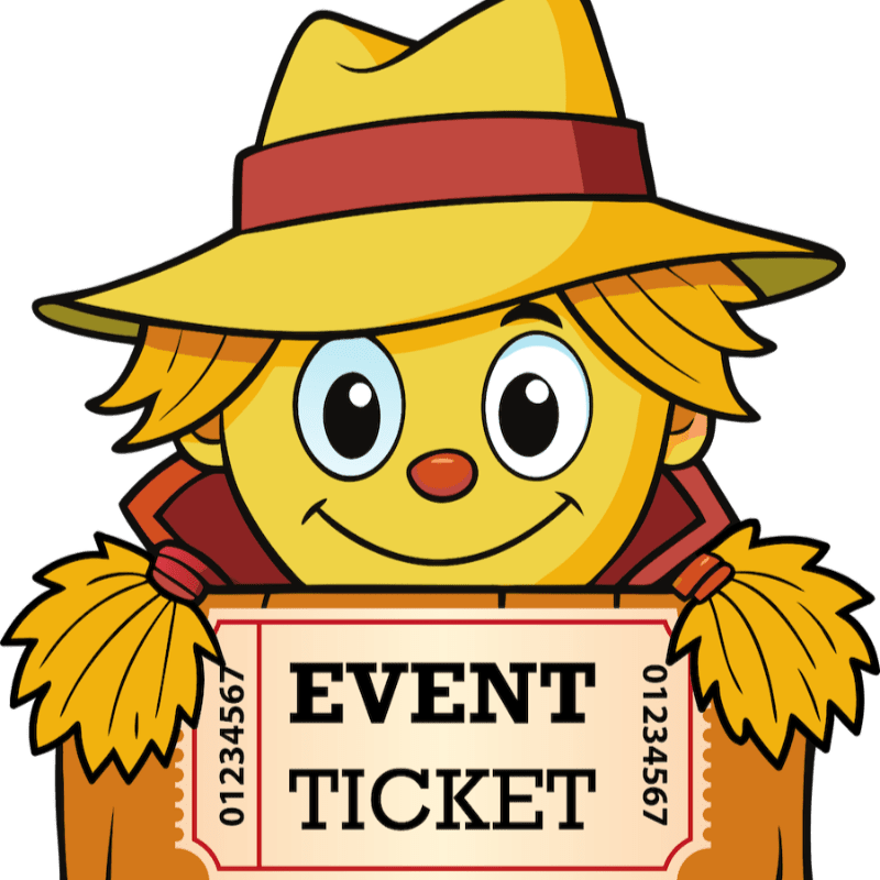A cheerful scarecrow wearing a yellow hat and holding an "EVENT TICKET" in front of a white background.