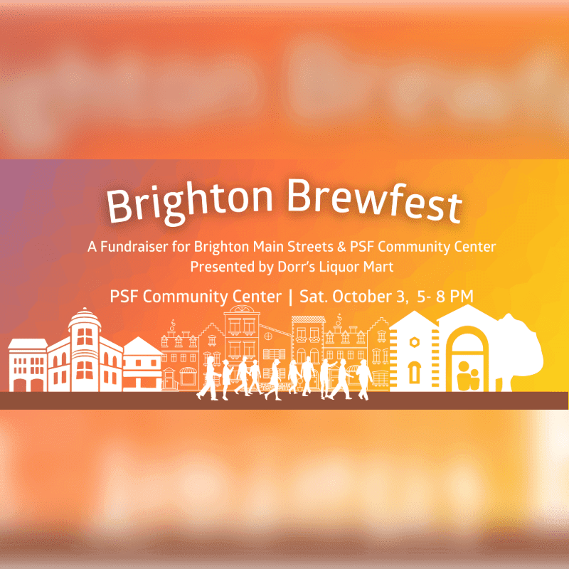 A silhouetted cityscape with people walking in the foreground is set against a gradient background of orange and yellow, advertising the Brighton Brewfest.