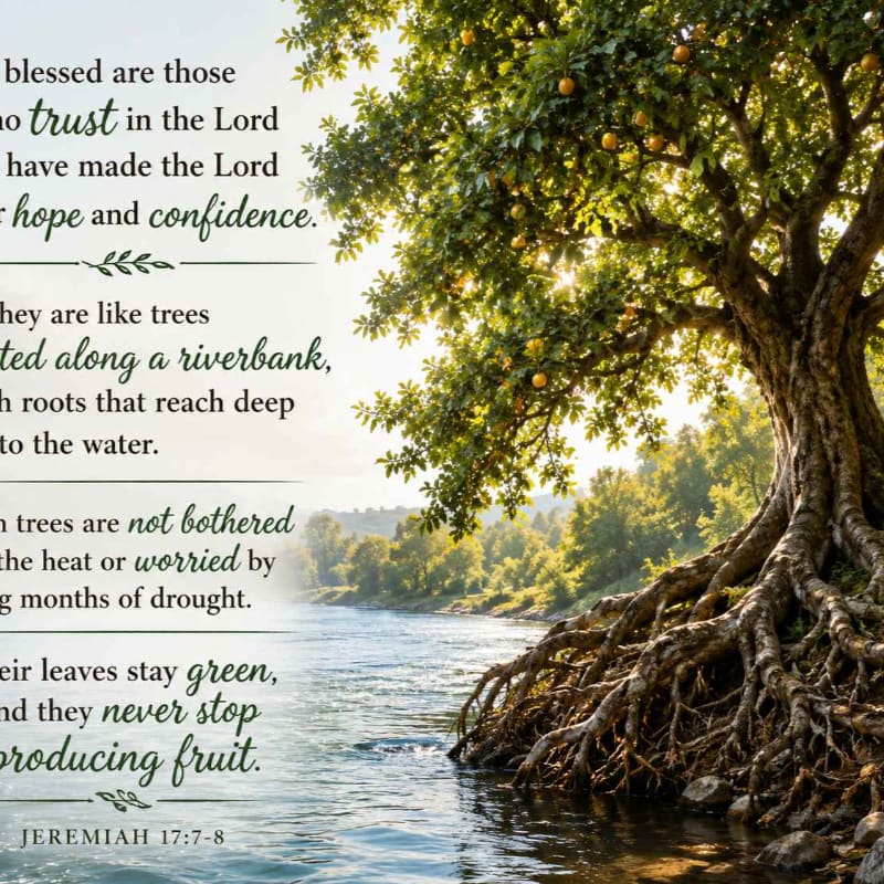A large tree with exposed roots grows by a riverbank, with text from Jeremiah 17:7-8 on the left.