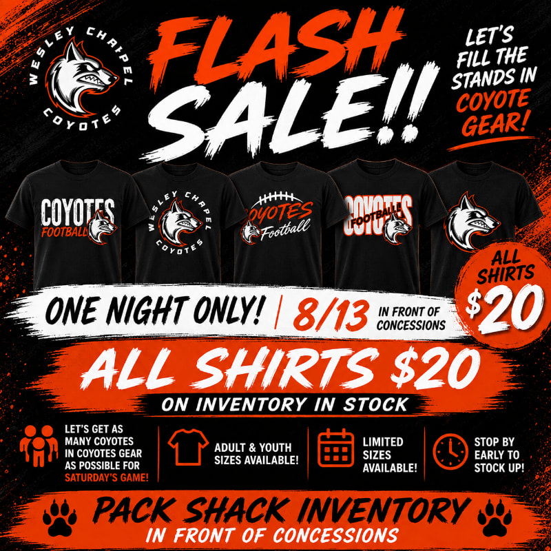 Five black t-shirts with "Coyotes" branding are displayed in the foreground against a vibrant orange and black background advertising a "Flash Sale" for $20 shirts.