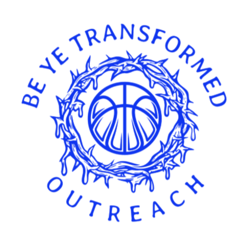 A blue basketball is encircled by a crown of thorns dripping with what appears to be blood, with the words "BE YE TRANSFORMED OUTREACH" arching above and below in a white background.