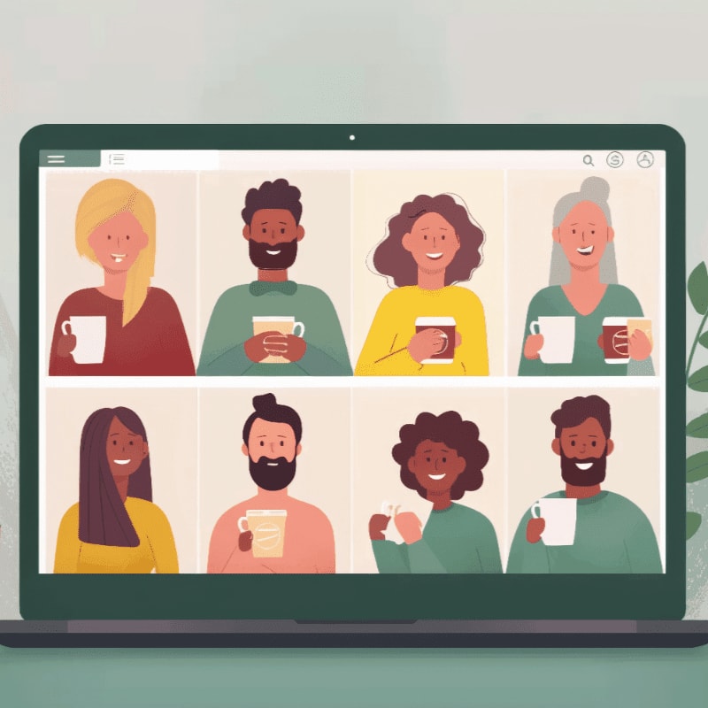 A laptop screen displays a grid of eight smiling people holding mugs, with a blurred green plant in the background.