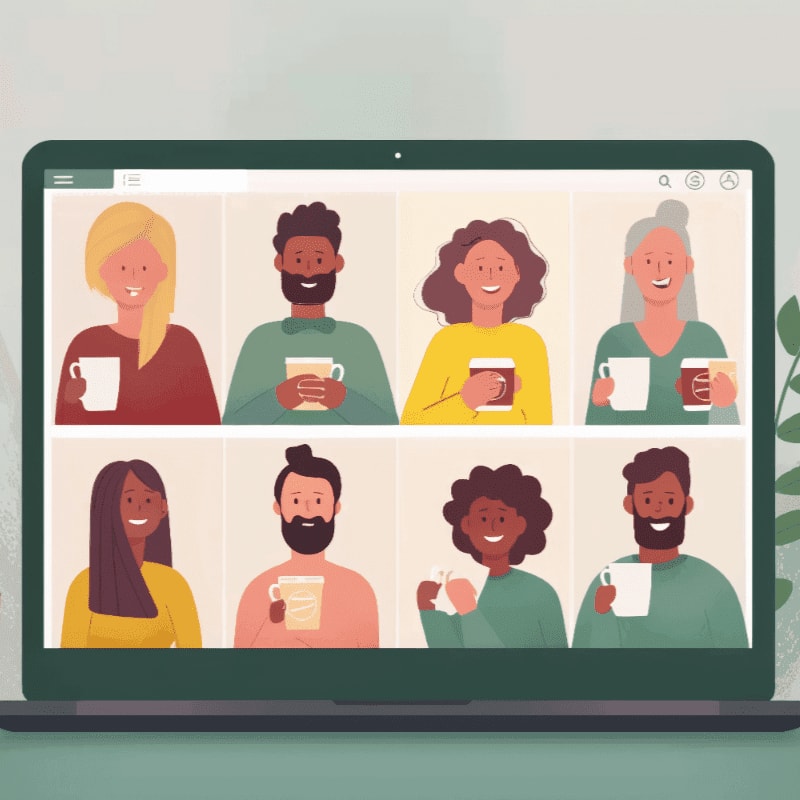 A laptop screen displays a grid of eight smiling people holding mugs, with a blurred green plant in the background.