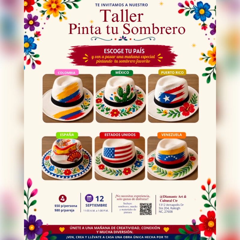 Six decorated sombreros representing different countries are displayed in the foreground, set against a colorful floral border and event details in the background.