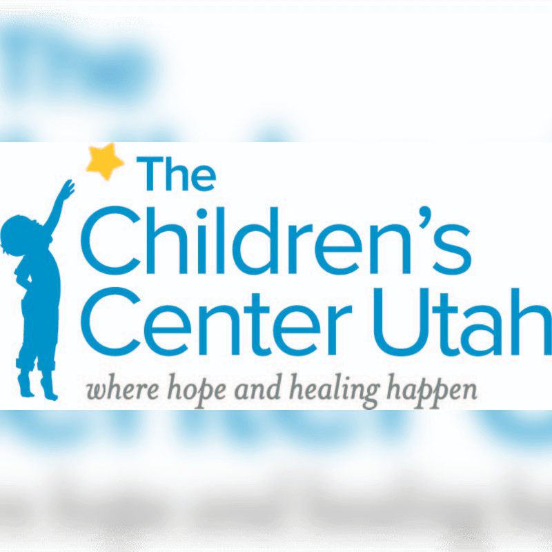 A blue silhouette of a child reaching for a yellow star is in the foreground, with the words "The Children's Center Utah where hope and healing happen" in blue text against a white background, blurred in the background.
