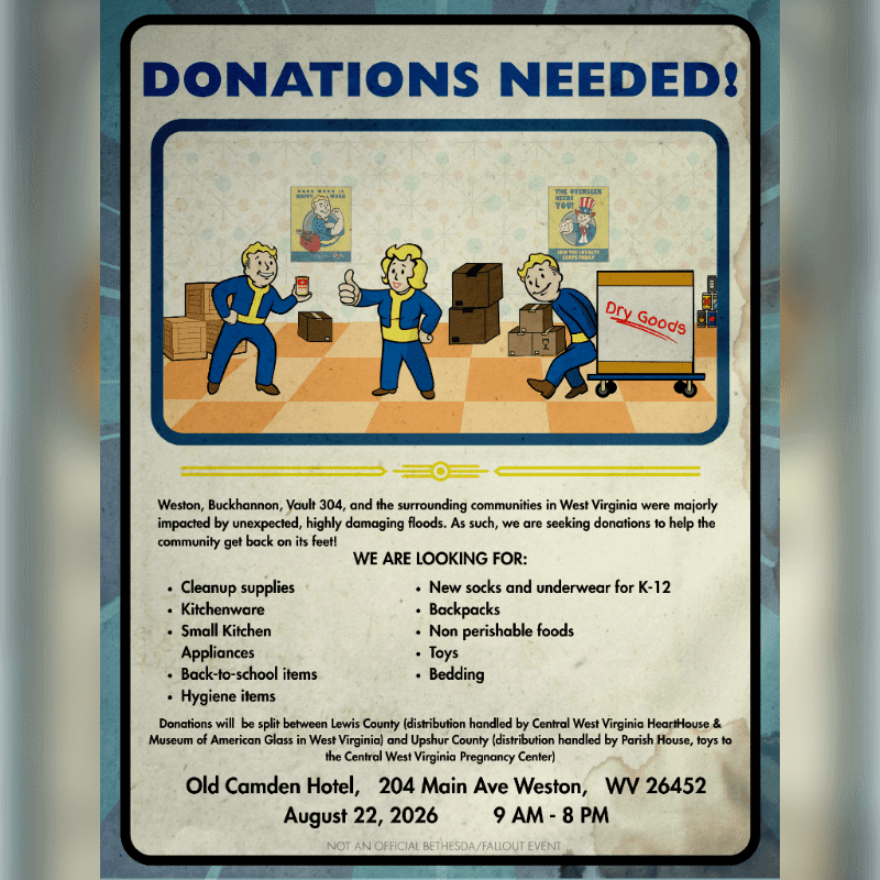 In the foreground, a flyer requests donations for flood victims, while the background features cartoon characters in blue jumpsuits sorting goods.
