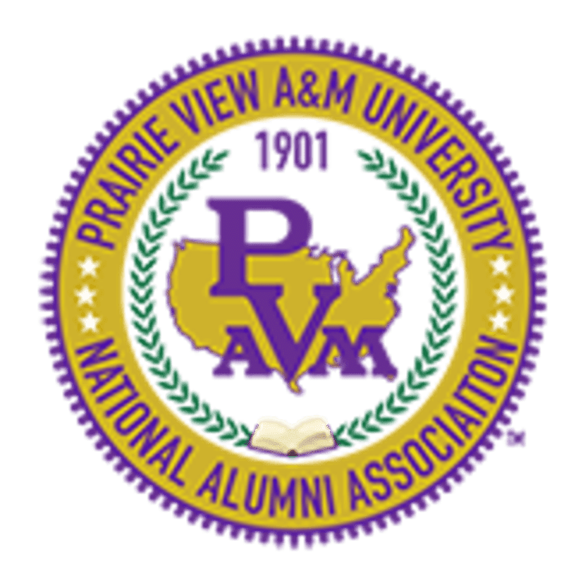 A circular emblem with a purple border and the words "Prairie View A&M University National Alumni Association" surrounds a gold outline of the United States with "PVAAM" in purple letters, and a small open book at the bottom.