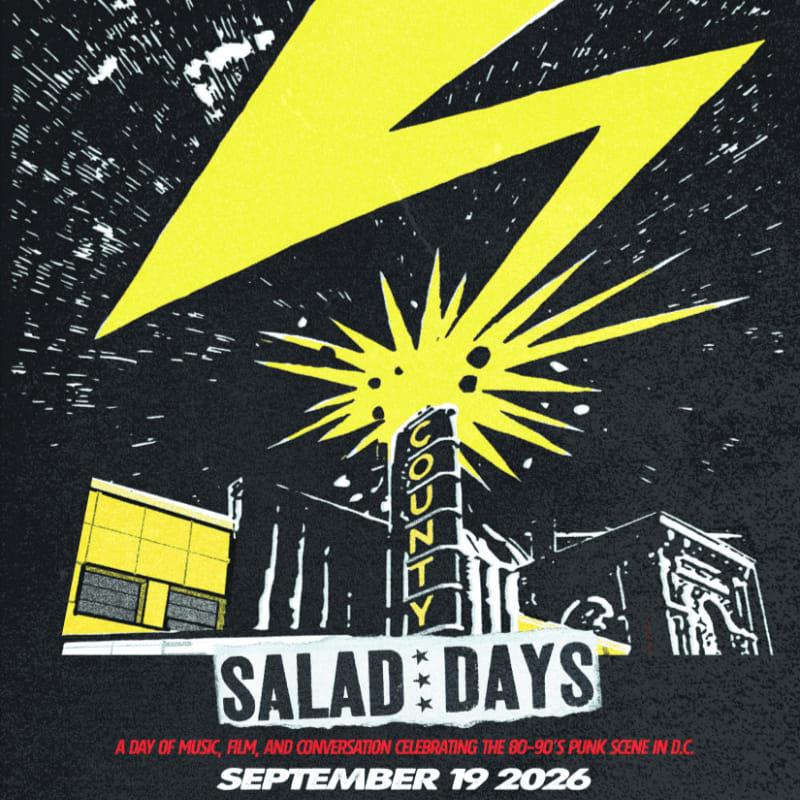 A bright yellow lightning bolt and starburst illuminate a stylized cityscape with the words "SALAD DAYS" and event details in the foreground.