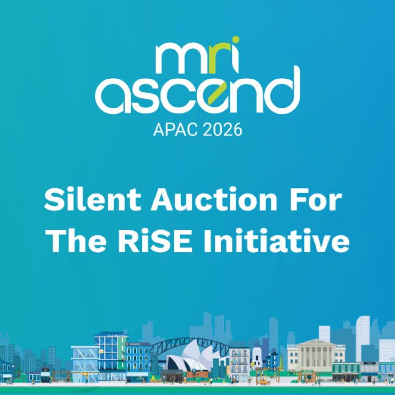 A vibrant blue background with the "mri ascend APAC 2026" logo and "Silent Auction For The RiSE Initiative" text in the foreground, set against a stylized cityscape with buildings and a bridge in the background.