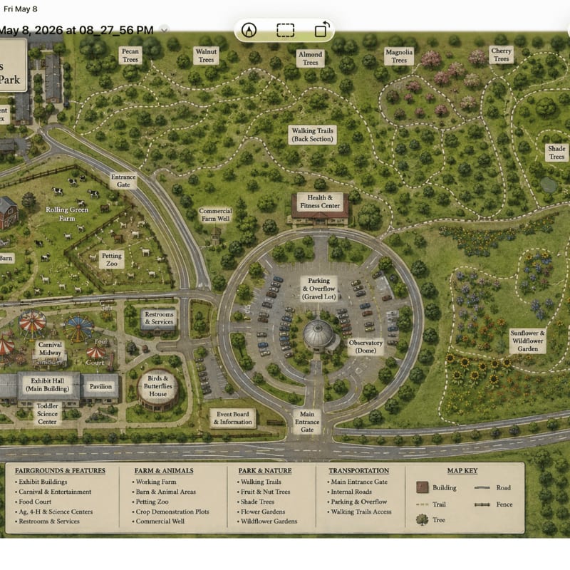A detailed map of a park shows walking trails and various attractions like a petting zoo and observatory in the foreground, with a dense forest and labeled tree types in the background.