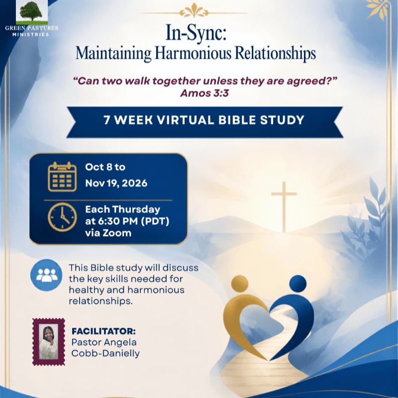 A graphic advertises a 7-week virtual Bible study on maintaining harmonious relationships, featuring a stylized heart formed by two figures in the foreground and a cross against a sunlit sky in the background.