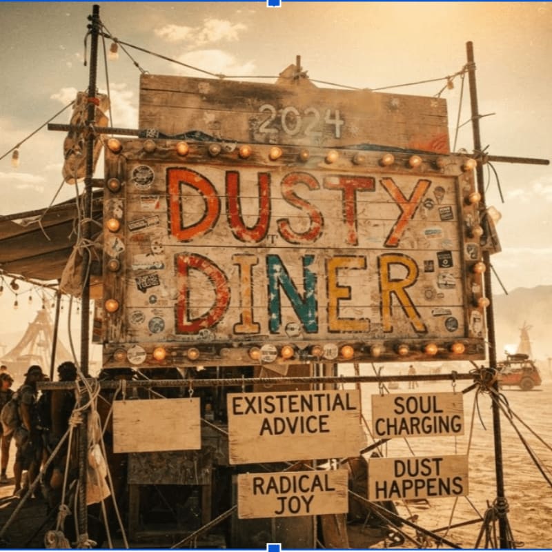 A weathered "Dusty Diner" sign with humorous advice hangs in the foreground against a dusty, sun-drenched desert landscape with distant figures and vehicles.
