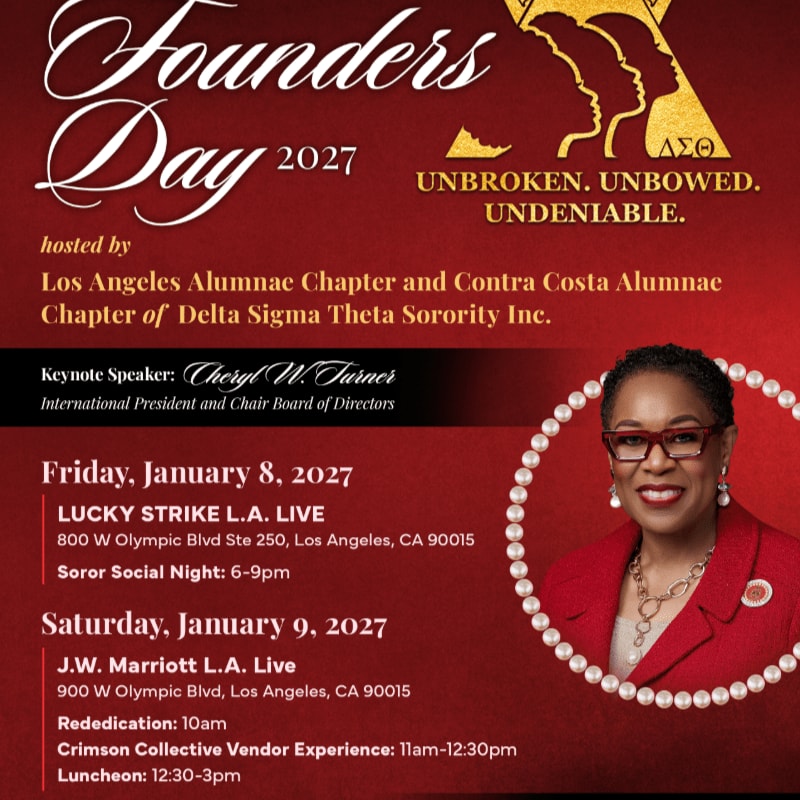 A woman in a red blazer is featured on the right foreground, with event details for Founders Day 2027 hosted by Delta Sigma Theta Sorority Inc. filling the left and background.