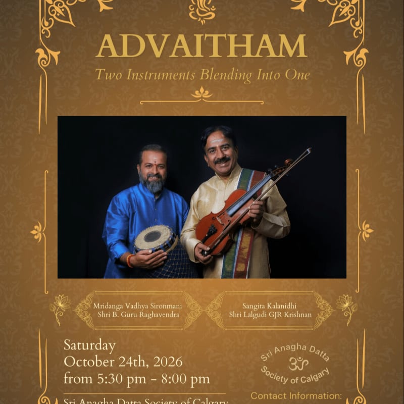 Two Indian musicians, one holding a drum and the other a violin, are featured in a framed photograph against a dark background, all set within an ornate, golden-brown poster advertising an event called "ADVAITHAM."