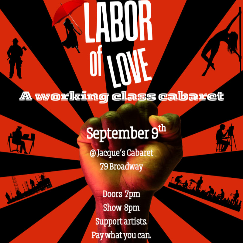 A clenched fist in the foreground is superimposed over a background of red and black radiating lines, with silhouetted figures representing various professions and performances.