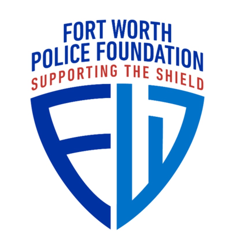 A blue and red shield with "FORT WORTH POLICE FOUNDATION SUPPORTING THE SHIELD" written above it, and a stylized "FW" in blue within the shield, is set against a white background.