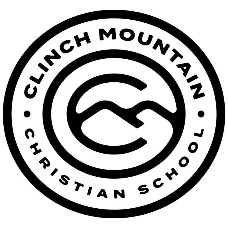 A black and white circular logo features the text "CLINCH MOUNTAIN CHRISTIAN SCHOOL" around a stylized mountain range in the foreground, set against a plain white background.