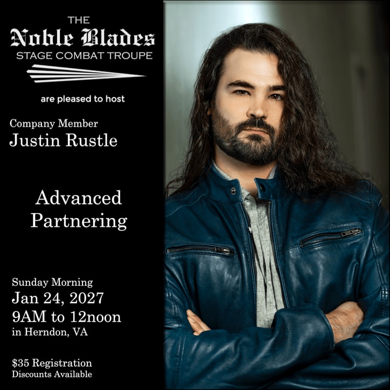 A man with long dark hair and a beard, wearing a blue leather jacket, is featured in the foreground against a light gray background, with event details for "The Noble Blades Stage Combat Troupe" on the left.