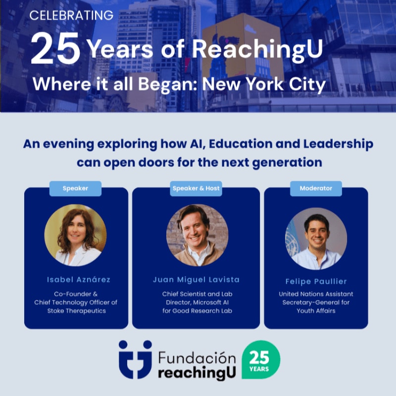 In the foreground, three speakers are featured with their names and titles, while the background displays a cityscape with the text "CELEBRATING 25 Years of ReachingU Where it all Began: New York City."