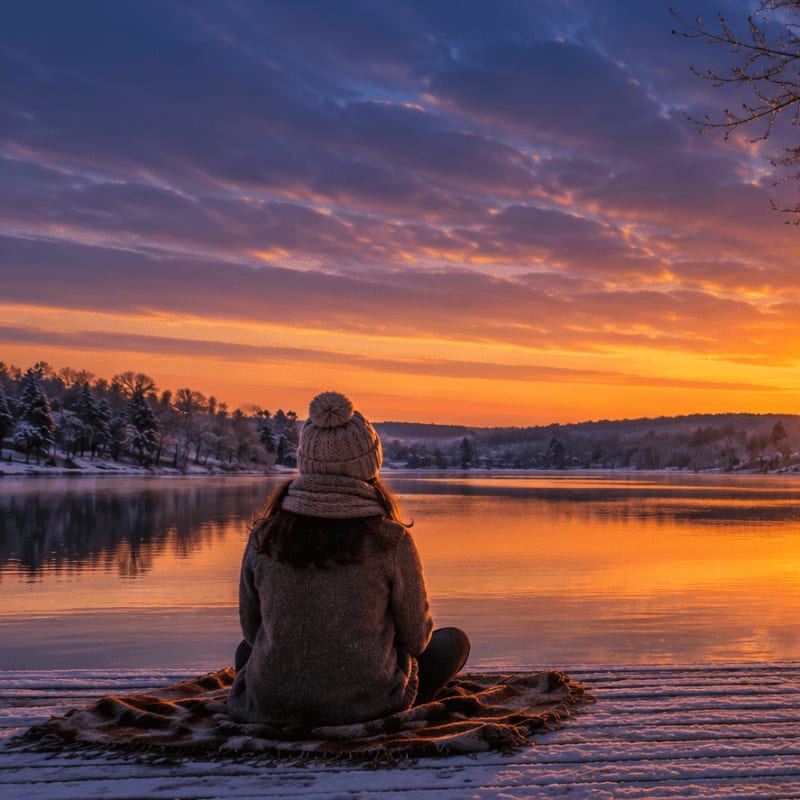 A person in a knitted hat sits on a blanket on a snowy dock, gazing at a vibrant sunset over a calm lake surrounded by snow-dusted trees.