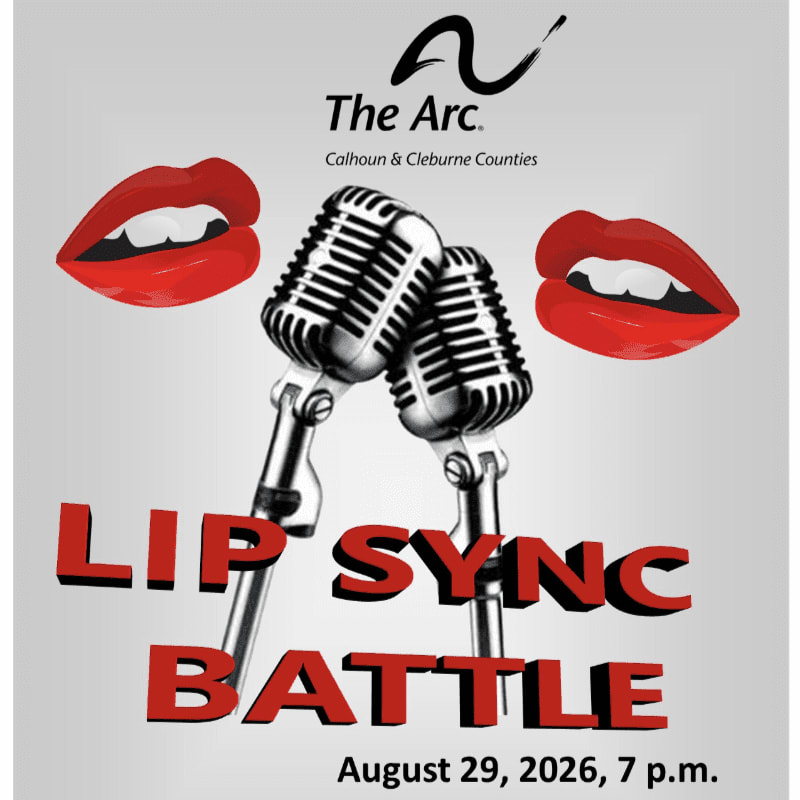 Two vintage microphones are centered in the foreground, flanked by stylized red lips, with the event title "LIP SYNC BATTLE" and details below, all set against a plain gray background with "The Arc. Calhoun & Cleburne Counties" logo at the top.