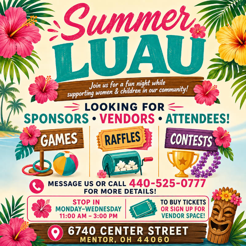 A vibrant "Summer Luau" poster with tropical flowers and palm trees in the background advertises a community event with details about games, raffles, contests, and contact information in the foreground.
