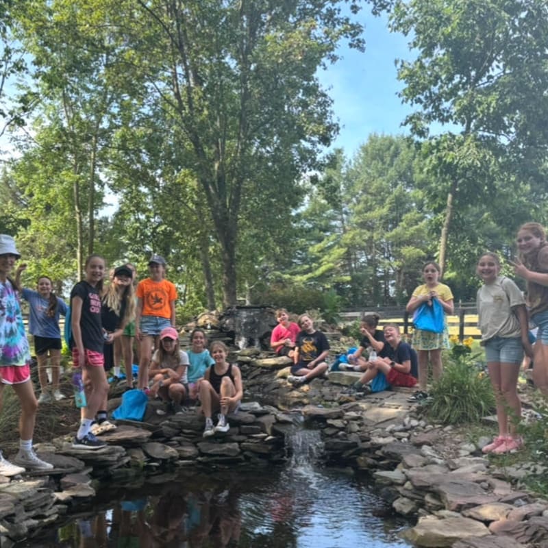 A group of children in the foreground are gathered around a small waterfall and stream, with trees and a fence visible in the background.