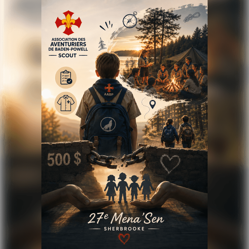 A young scout stands with his back to the viewer, looking towards a campfire scene in the background, while a stone wall with children holding hands and hands cradling them forms the foreground.