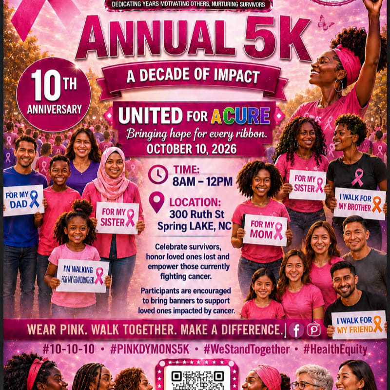 A group of diverse people, many wearing pink, hold signs supporting loved ones while a large pink banner announces the 10th Annual 5K "United for a Cure" event.